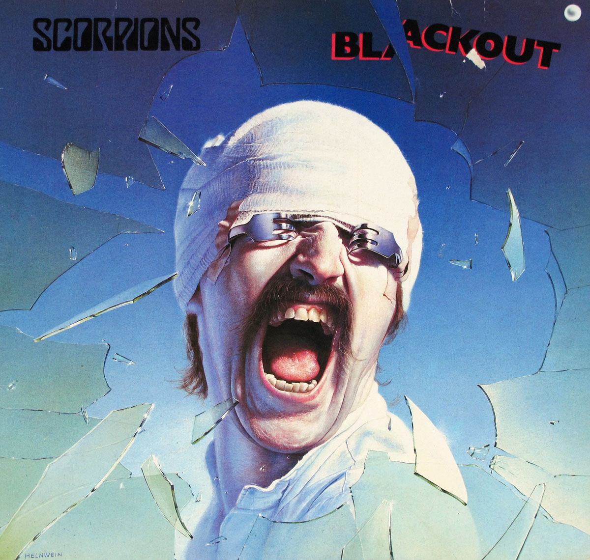 Cover art for Scorpions Blackout album featuring a screaming man with bandages on his head, reflective metallic glasses, and shattered glass effects in a blue background.